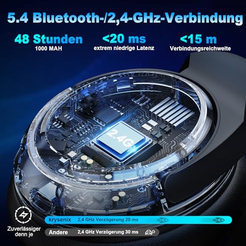 Krysenix PG4 Gaming Headset Wireless für PS4, PS5, PC, Mac, Switch, 48H 2.4GHz Gaming Headset mit Noise Cancelling Mikrofon, Kabelloses Bluetooth Headset mit LED-Lichtern, Surround Sound, Rußschwarz Bild 4