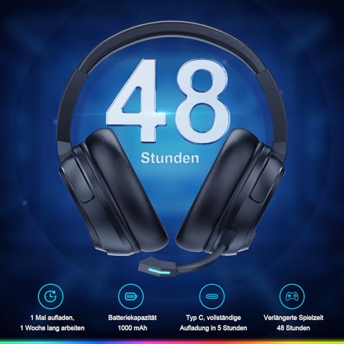 Krysenix PG4 Gaming Headset Wireless für PS4, PS5, PC, Mac, Switch, 48H 2.4GHz Gaming Headset mit Noise Cancelling Mikrofon, Kabelloses Bluetooth Headset mit LED-Lichtern, Surround Sound, Rußschwarz Bild 5