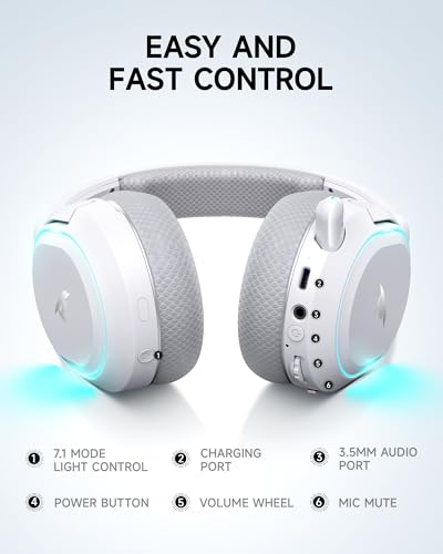 Picun G2 Wireless Gaming Headset, Over-Ear 7.1 Virtual Surround Sound, 2.4GHz/Bluetooth 5.4/Wired, 5ms Ultra-Low Latency, 100H Battery, ENC Noise Canceling Mic, RGB, for PC PS5 PS4 Switch (Grau) Bild 5