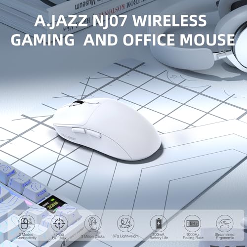 A.JAZZ NJ07 SUPERLIGHT Kabellose Computer Maus, BT/2,4 GHz/USB-C, 67g Leicht, 12800DPI, 300mAh Akku, 1kHz Abfragerate, Ergonomisches Design, Geräuscharme Gaming-und Office-Maus für PC/Mac-Weiß Bild 2