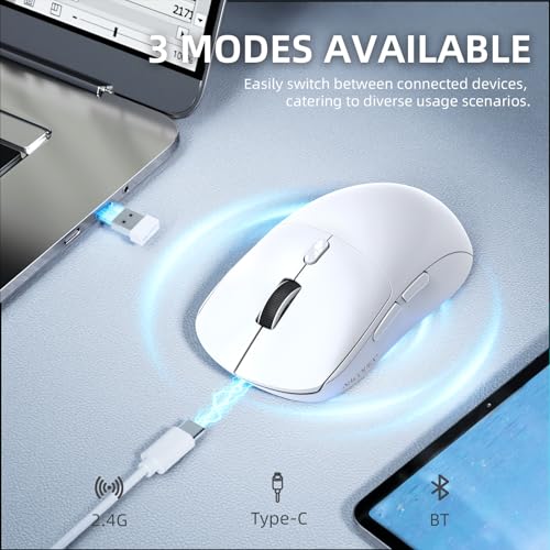 A.JAZZ NJ07 SUPERLIGHT Kabellose Computer Maus, BT/2,4 GHz/USB-C, 67g Leicht, 12800DPI, 300mAh Akku, 1kHz Abfragerate, Ergonomisches Design, Geräuscharme Gaming-und Office-Maus für PC/Mac-Weiß Bild 4