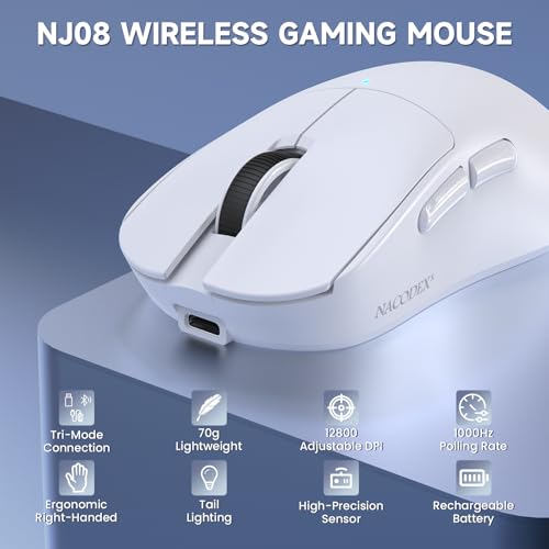 A.JAZZ NJ08 Tri-Mode Kabellose Gaming Maus, 1000Hz 70g Leicht, PC Mouse Mittel-Groß Ergonomisch, 12800 DPI 6 Stufen, Bluetooth/2.4G/USB-C, RGB Wiederaufladbar für Laptop/Mac - Weiß Bild 2
