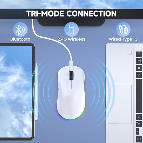 A.JAZZ NJ08 Tri-Mode Kabellose Gaming Maus, 1000Hz 70g Leicht, PC Mouse Mittel-Groß Ergonomisch, 12800 DPI 6 Stufen, Bluetooth/2.4G/USB-C, RGB Wiederaufladbar für Laptop/Mac - Weiß Bild 3