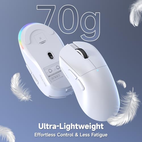 A.JAZZ NJ08 Tri-Mode Kabellose Gaming Maus, 1000Hz 70g Leicht, PC Mouse Mittel-Groß Ergonomisch, 12800 DPI 6 Stufen, Bluetooth/2.4G/USB-C, RGB Wiederaufladbar für Laptop/Mac - Weiß Bild 5