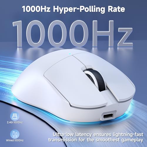 A.JAZZ NJ08 Tri-Mode Kabellose Gaming Maus, 1000Hz 70g Leicht, PC Mouse Mittel-Groß Ergonomisch, 12800 DPI 6 Stufen, Bluetooth/2.4G/USB-C, RGB Wiederaufladbar für Laptop/Mac - Weiß Bild 6