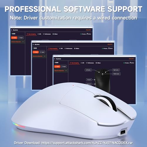 A.JAZZ NJ08 Tri-Mode Kabellose Gaming Maus, 1000Hz 70g Leicht, PC Mouse Mittel-Groß Ergonomisch, 12800 DPI 6 Stufen, Bluetooth/2.4G/USB-C, RGB Wiederaufladbar für Laptop/Mac - Weiß Bild 7