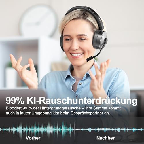 Wantek Bluetooth Headset mit Mikrofon,Kabelloses Headset mit USB-Dongle & Ladestation,Noise Cancelling Mikrofon,55 Std.Akku,Stummschalttaste,Büro Headset für PC Laptop,Handy,Home Office,Teams Zoom Bild 2