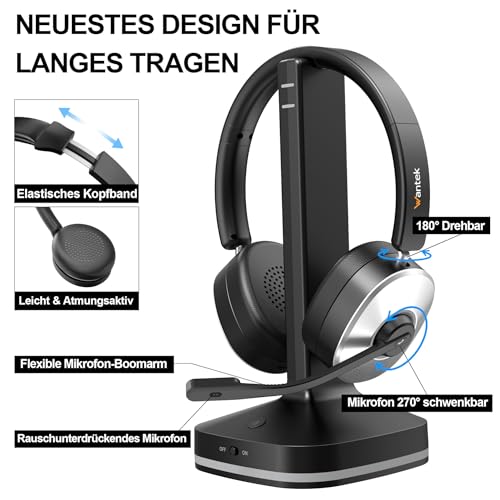 Wantek Bluetooth Headset mit Mikrofon,Kabelloses Headset mit USB-Dongle & Ladestation,Noise Cancelling Mikrofon,55 Std.Akku,Stummschalttaste,Büro Headset für PC Laptop,Handy,Home Office,Teams Zoom Bild 3