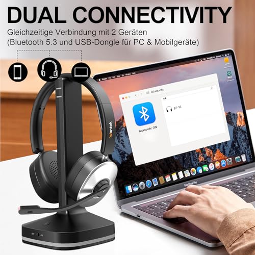 Wantek Bluetooth Headset mit Mikrofon,Kabelloses Headset mit USB-Dongle & Ladestation,Noise Cancelling Mikrofon,55 Std.Akku,Stummschalttaste,Büro Headset für PC Laptop,Handy,Home Office,Teams Zoom Bild 4