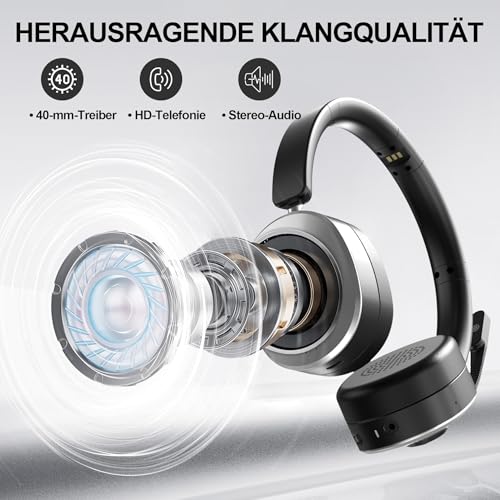 Wantek Bluetooth Headset mit Mikrofon,Kabelloses Headset mit USB-Dongle & Ladestation,Noise Cancelling Mikrofon,55 Std.Akku,Stummschalttaste,Büro Headset für PC Laptop,Handy,Home Office,Teams Zoom Bild 5