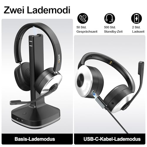 Wantek Bluetooth Headset mit Mikrofon,Kabelloses Headset mit USB-Dongle & Ladestation,Noise Cancelling Mikrofon,55 Std.Akku,Stummschalttaste,Büro Headset für PC Laptop,Handy,Home Office,Teams Zoom Bild 6