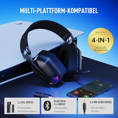 EKSA 2.4GHz Wireless Gaming Headset für PS5/PS4, PC, Switch, Mac, Bluetooth 5.4 Gaming Headset mit Mikrofon,169g Ultraleicht, RGB, Typ-C, 35 Stunden Akkulaufzeit, PC Gaming Kopfhörer Bild 2
