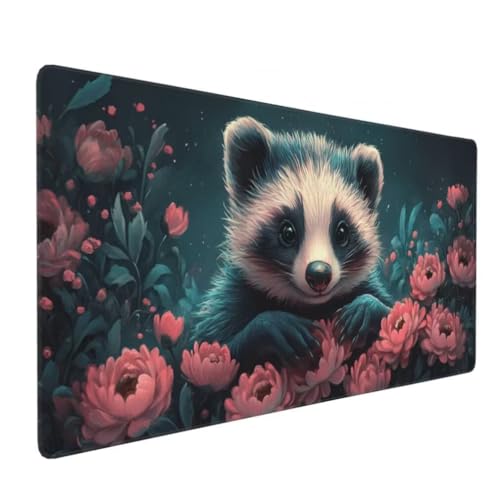 Mauspad XXL 1000x500mm, Kleiner Waschbär Mousepad XXL Mauspad Gaming Blumen Mouse Pad mit Genähten Kanten, Rutschfest Schreibtisch Unterlage Groß Desk Mat für Tastatur und Maus PC Zubehör -MP886 Bild 1