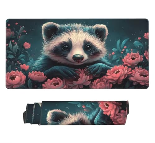 Mauspad XXL 1000x500mm, Kleiner Waschbär Mousepad XXL Mauspad Gaming Blumen Mouse Pad mit Genähten Kanten, Rutschfest Schreibtisch Unterlage Groß Desk Mat für Tastatur und Maus PC Zubehör -MP886 Bild 2