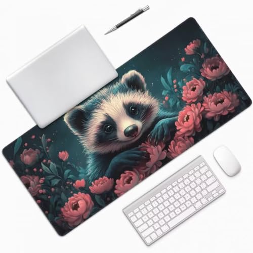 Mauspad XXL 1000x500mm, Kleiner Waschbär Mousepad XXL Mauspad Gaming Blumen Mouse Pad mit Genähten Kanten, Rutschfest Schreibtisch Unterlage Groß Desk Mat für Tastatur und Maus PC Zubehör -MP886 Bild 3