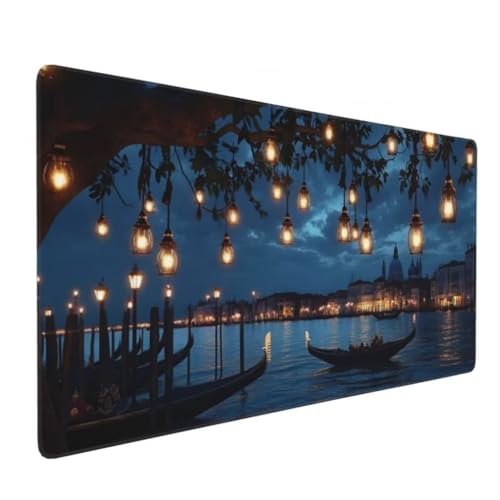 Gaming Mauspad XXL Nachtlandschaft, Großes Mousepad 1000 x 500 x 3 mm, Mouse Pad Groß, Schreibtischunterlage Venedig Wasserdicht, Genähte Kanten Mauspads, rutschfeste Gummibasis Maus Pad -MP809 Bild 1