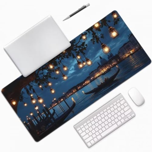 Gaming Mauspad XXL Nachtlandschaft, Großes Mousepad 1000 x 500 x 3 mm, Mouse Pad Groß, Schreibtischunterlage Venedig Wasserdicht, Genähte Kanten Mauspads, rutschfeste Gummibasis Maus Pad -MP809 Bild 3