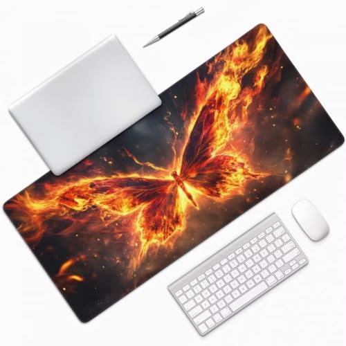 Gaming Mauspad XXL Orange, Großes Mousepad 1000 x 500 x 3 mm, Mouse Pad Groß, Schreibtischunterlage Flammenfalter Wasserdicht, Genähte Kanten Mauspads, rutschfeste Gummibasis Maus Pad -MP825 Bild 3