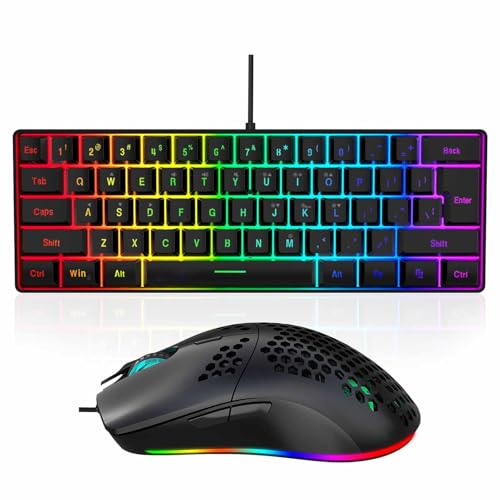 Goshyda Kabelgebundene Tastatur- und Mauskombination, RGB-hintergrundbeleuchtete 61-Tasten-Gaming-Tastatur mit Multimedia-Funktionstasten und Ergonomischer Maus, für PC-Laptop-Computer (schwarzes Bild 1
