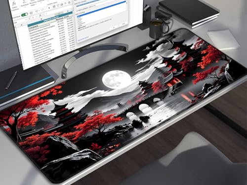 Simpkeely Großes Japanisches Mondlandschaft Gaming Mauspad – Schwarze Pagoda Landschaft mit Roten Ahornbäumen, XXL Desk Mat mit Rutschfester Gummibasis, Wasserfest für Büro & Gaming – 80 x 30 cm Bild 2