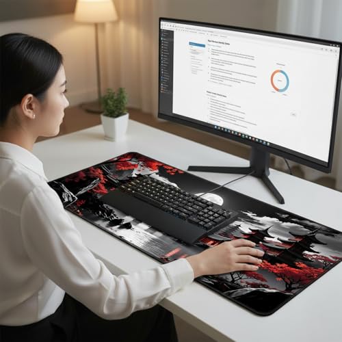 Simpkeely Großes Japanisches Mondlandschaft Gaming Mauspad – Schwarze Pagoda Landschaft mit Roten Ahornbäumen, XXL Desk Mat mit Rutschfester Gummibasis, Wasserfest für Büro & Gaming – 80 x 30 cm Bild 3