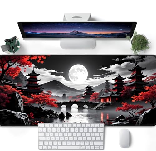 Simpkeely Großes Japanisches Mondlandschaft Gaming Mauspad – Schwarze Pagoda Landschaft mit Roten Ahornbäumen, XXL Desk Mat mit Rutschfester Gummibasis, Wasserfest für Büro & Gaming – 80 x 30 cm Bild 4