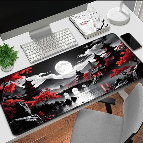 Simpkeely Großes Japanisches Mondlandschaft Gaming Mauspad – Schwarze Pagoda Landschaft mit Roten Ahornbäumen, XXL Desk Mat mit Rutschfester Gummibasis, Wasserfest für Büro & Gaming – 80 x 30 cm Bild 5