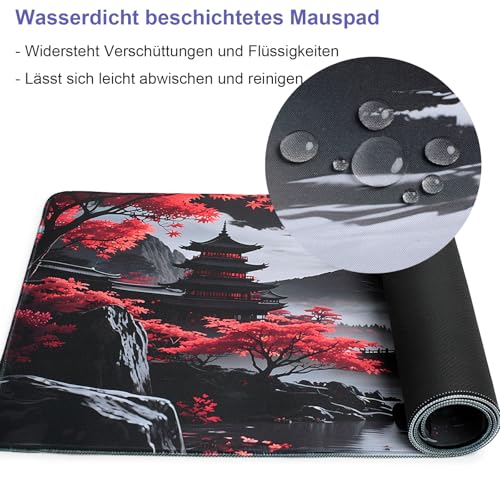 Simpkeely Großes Japanisches Mondlandschaft Gaming Mauspad – Schwarze Pagoda Landschaft mit Roten Ahornbäumen, XXL Desk Mat mit Rutschfester Gummibasis, Wasserfest für Büro & Gaming – 80 x 30 cm Bild 6