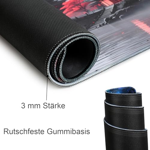 Simpkeely Großes Japanisches Mondlandschaft Gaming Mauspad – Schwarze Pagoda Landschaft mit Roten Ahornbäumen, XXL Desk Mat mit Rutschfester Gummibasis, Wasserfest für Büro & Gaming – 80 x 30 cm Bild 7