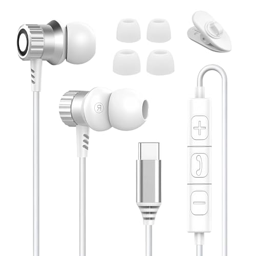 Kopfhörer mit Kabel USB C In Ear Headset mit Mikrofon HiFi Metall Ohrhörer für iPhone 17 16 15 Pro Max, Typ C Kopfhörer kompatibel mit Galaxy A17 A16 A26 A35 A54 A55 A56 S21 S22 S23 S24 S25 (Weiß) Bild 1