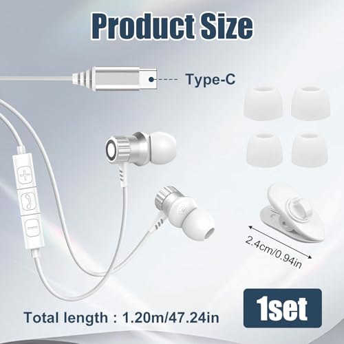 Kopfhörer mit Kabel USB C In Ear Headset mit Mikrofon HiFi Metall Ohrhörer für iPhone 17 16 15 Pro Max, Typ C Kopfhörer kompatibel mit Galaxy A17 A16 A26 A35 A54 A55 A56 S21 S22 S23 S24 S25 (Weiß) Bild 2