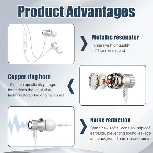 Kopfhörer mit Kabel USB C In Ear Headset mit Mikrofon HiFi Metall Ohrhörer für iPhone 17 16 15 Pro Max, Typ C Kopfhörer kompatibel mit Galaxy A17 A16 A26 A35 A54 A55 A56 S21 S22 S23 S24 S25 (Weiß) Bild 4