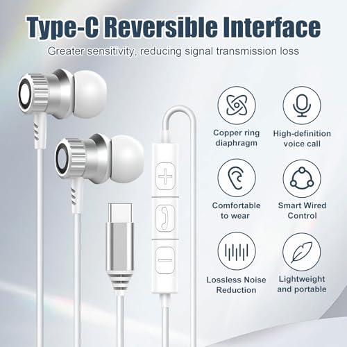 Kopfhörer mit Kabel USB C In Ear Headset mit Mikrofon HiFi Metall Ohrhörer für iPhone 17 16 15 Pro Max, Typ C Kopfhörer kompatibel mit Galaxy A17 A16 A26 A35 A54 A55 A56 S21 S22 S23 S24 S25 (Weiß) Bild 5