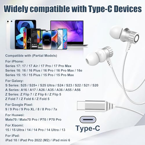 Kopfhörer mit Kabel USB C In Ear Headset mit Mikrofon HiFi Metall Ohrhörer für iPhone 17 16 15 Pro Max, Typ C Kopfhörer kompatibel mit Galaxy A17 A16 A26 A35 A54 A55 A56 S21 S22 S23 S24 S25 (Weiß) Bild 6