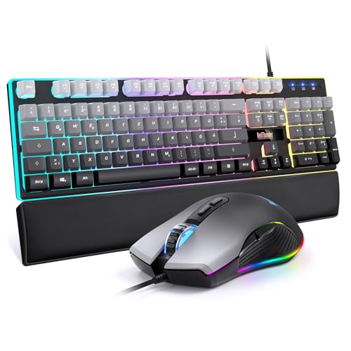 RedThunder K10 Gaming Tastatur und Maus Set, QWERTZ DE Layout, 26KRO Tastatur + 7D 7200 DPI Mause & Weiche Leder Handballenauflage, RGB Beleuchtung für PC Gamer, Mac PS5 Xbox (Grauverlauf) Bild 1
