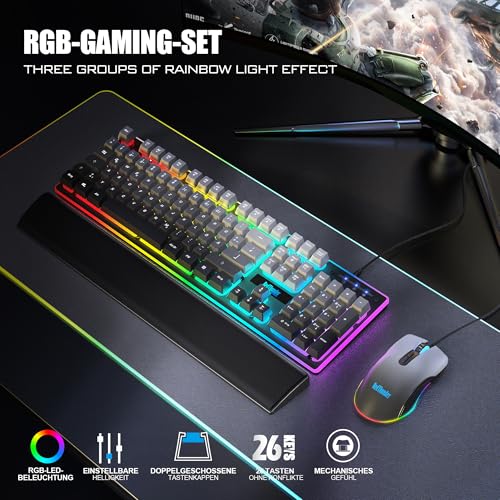 RedThunder K10 Gaming Tastatur und Maus Set, QWERTZ DE Layout, 26KRO Tastatur + 7D 7200 DPI Mause & Weiche Leder Handballenauflage, RGB Beleuchtung für PC Gamer, Mac PS5 Xbox (Grauverlauf) Bild 2