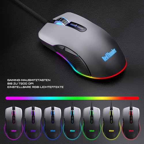 RedThunder K10 Gaming Tastatur und Maus Set, QWERTZ DE Layout, 26KRO Tastatur + 7D 7200 DPI Mause & Weiche Leder Handballenauflage, RGB Beleuchtung für PC Gamer, Mac PS5 Xbox (Grauverlauf) Bild 4