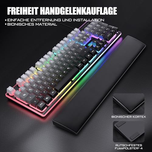 RedThunder K10 Gaming Tastatur und Maus Set, QWERTZ DE Layout, 26KRO Tastatur + 7D 7200 DPI Mause & Weiche Leder Handballenauflage, RGB Beleuchtung für PC Gamer, Mac PS5 Xbox (Grauverlauf) Bild 5