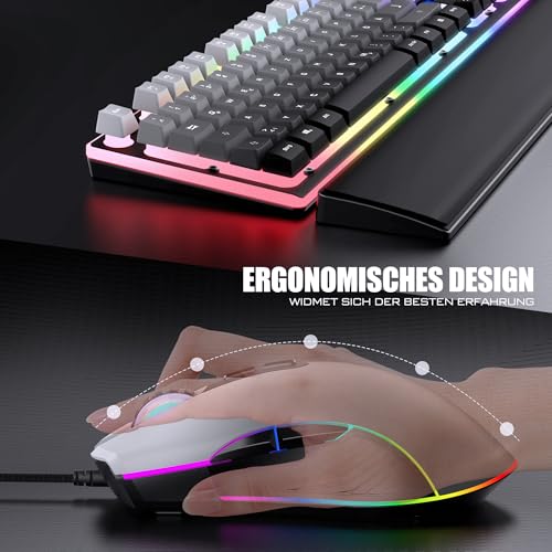 RedThunder K10 Gaming Tastatur und Maus Set, QWERTZ DE Layout, 26KRO Tastatur + 7D 7200 DPI Mause & Weiche Leder Handballenauflage, RGB Beleuchtung für PC Gamer, Mac PS5 Xbox (Grauverlauf) Bild 6