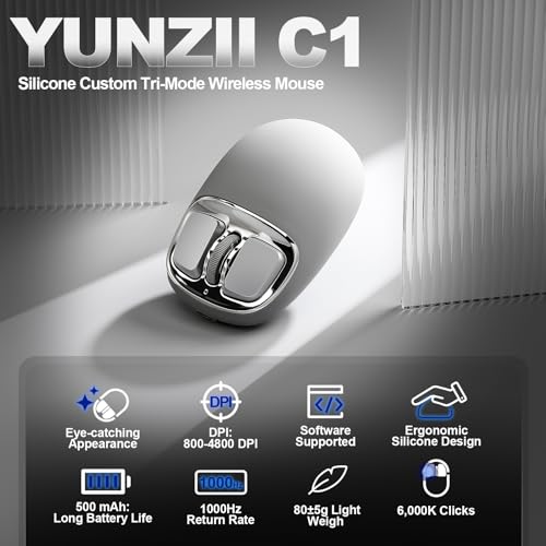 YUNZII C1 Silikon-Funkmaus,Tri-Mode 2,4 GHz/USB-C/Bluetooth Maus, 4800 DPI Optisches Abtastung, 6 Verstellstufen, anpassbare Maus für Laptop/PC/Mac/iPad (Grau Silber) Bild 2