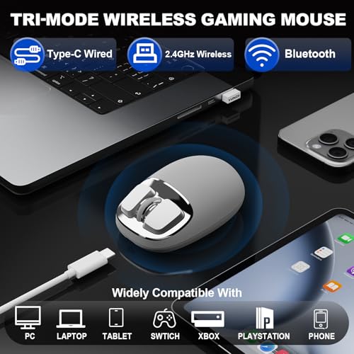YUNZII C1 Silikon-Funkmaus,Tri-Mode 2,4 GHz/USB-C/Bluetooth Maus, 4800 DPI Optisches Abtastung, 6 Verstellstufen, anpassbare Maus für Laptop/PC/Mac/iPad (Grau Silber) Bild 3