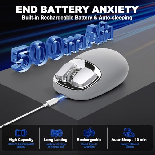 YUNZII C1 Silikon-Funkmaus,Tri-Mode 2,4 GHz/USB-C/Bluetooth Maus, 4800 DPI Optisches Abtastung, 6 Verstellstufen, anpassbare Maus für Laptop/PC/Mac/iPad (Grau Silber) Bild 6