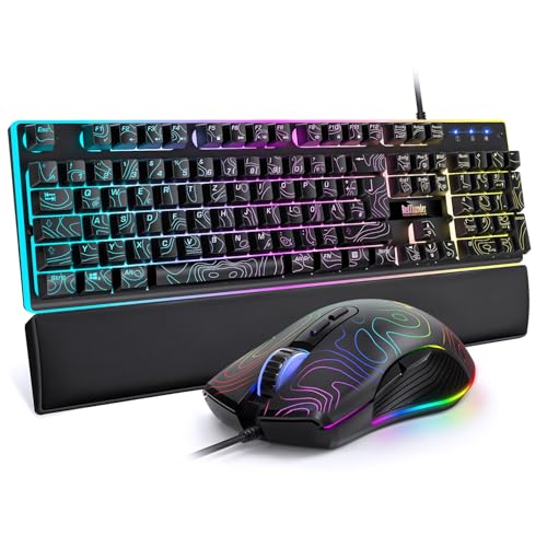 RedThunder K10 Gaming Tastatur und Maus Set, QWERTZ DE Layout, 26KRO Tastatur + 7D 7200 DPI Mause & Weiche Leder Handballenauflage, RGB Beleuchtung für PC Gamer, Mac PS5 Xbox (Höhenlinien Schwarz) Bild 1
