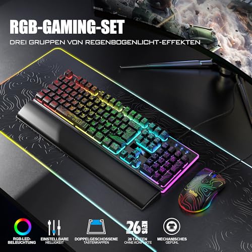 RedThunder K10 Gaming Tastatur und Maus Set, QWERTZ DE Layout, 26KRO Tastatur + 7D 7200 DPI Mause & Weiche Leder Handballenauflage, RGB Beleuchtung für PC Gamer, Mac PS5 Xbox (Höhenlinien Schwarz) Bild 2