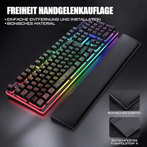 RedThunder K10 Gaming Tastatur und Maus Set, QWERTZ DE Layout, 26KRO Tastatur + 7D 7200 DPI Mause & Weiche Leder Handballenauflage, RGB Beleuchtung für PC Gamer, Mac PS5 Xbox (Höhenlinien Schwarz) Bild 4
