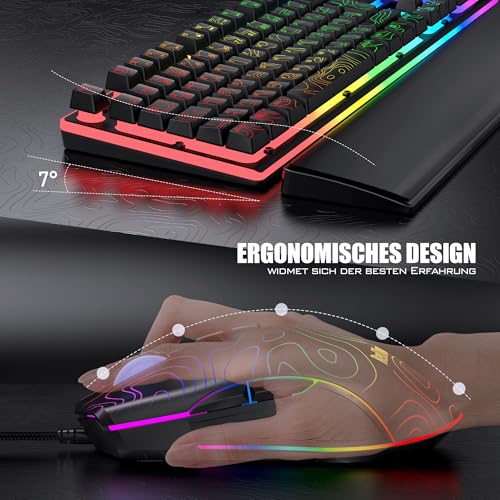 RedThunder K10 Gaming Tastatur und Maus Set, QWERTZ DE Layout, 26KRO Tastatur + 7D 7200 DPI Mause & Weiche Leder Handballenauflage, RGB Beleuchtung für PC Gamer, Mac PS5 Xbox (Höhenlinien Schwarz) Bild 5