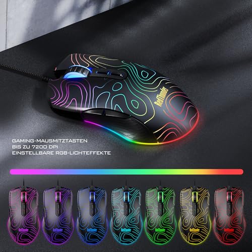RedThunder K10 Gaming Tastatur und Maus Set, QWERTZ DE Layout, 26KRO Tastatur + 7D 7200 DPI Mause & Weiche Leder Handballenauflage, RGB Beleuchtung für PC Gamer, Mac PS5 Xbox (Höhenlinien Schwarz) Bild 6