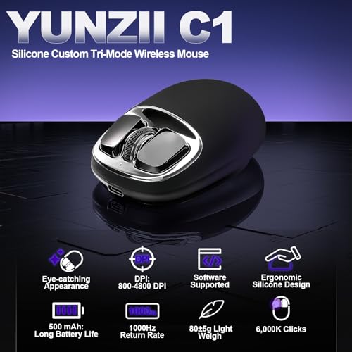 YUNZII C1 Silikon-Funkmaus,Tri-Mode 2,4 GHz/USB-C/Bluetooth Maus, 4800 DPI Optisches Abtastung, 6 Verstellstufen, anpassbare Maus für Laptop/PC/Mac/iPad (Schwarz Silber) Bild 2