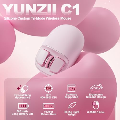 YUNZII C1 Silikon-Funkmaus,Tri-Mode 2,4 GHz/USB-C/Bluetooth Maus, 4800 DPI Optisches Abtastung, 6 Verstellstufen, anpassbare Maus für Laptop/PC/Mac/iPad (Rosa) Bild 2
