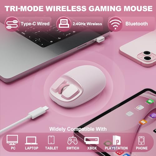 YUNZII C1 Silikon-Funkmaus,Tri-Mode 2,4 GHz/USB-C/Bluetooth Maus, 4800 DPI Optisches Abtastung, 6 Verstellstufen, anpassbare Maus für Laptop/PC/Mac/iPad (Rosa) Bild 3